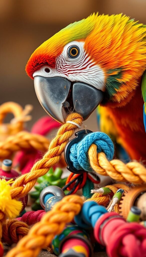 A vibrant close-up image of various colorful pet toys being energetically shredded by a playful parrot. The parrot's powerful beak is firmly gripping and tearing through an assortment of rubber, rope, and wooden chew toys in the foreground, showcasing its natural chewing instincts. The toys are rendered in vivid detail, with dynamic lighting highlighting the textures and materials. The background is slightly blurred, creating a focus on the parrot's enthusiastic shredding in the middle ground. The overall mood is one of playfulness and the satisfaction of the parrot's innate desire to chew and destroy.
