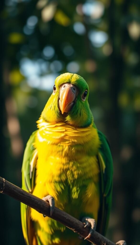 A vibrant, close-up portrait of a conure parrot perched on a branch, its vivid green and yellow plumage illuminated by warm, natural lighting. The bird's curious gaze and slightly tilted head suggest an engaging, inquisitive personality. The background is a blurred, verdant forest scene, creating a sense of depth and natural harmony. The image is captured with a shallow depth of field, allowing the conure to be the focal point and drawing the viewer's eye directly to the bird's expressive features.