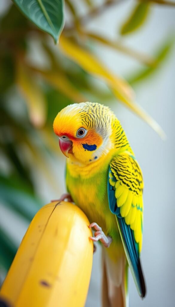 A vibrant close-up shot of a budgie perched on a ripe banana, surrounded by a soft, blurred background featuring complementary tropical foliage. The bird's feathers are vividly colored, its eyes alert and curious, as it examines the banana's golden skin. Soft, diffused lighting casts a warm, natural glow, highlighting the nutritional riches of the fruit and the budgie's healthful interest in it. The composition emphasizes the harmony between the bird and its potential dietary source, inviting the viewer to appreciate the valuable nutritional benefits bananas can provide for these beloved avian companions.