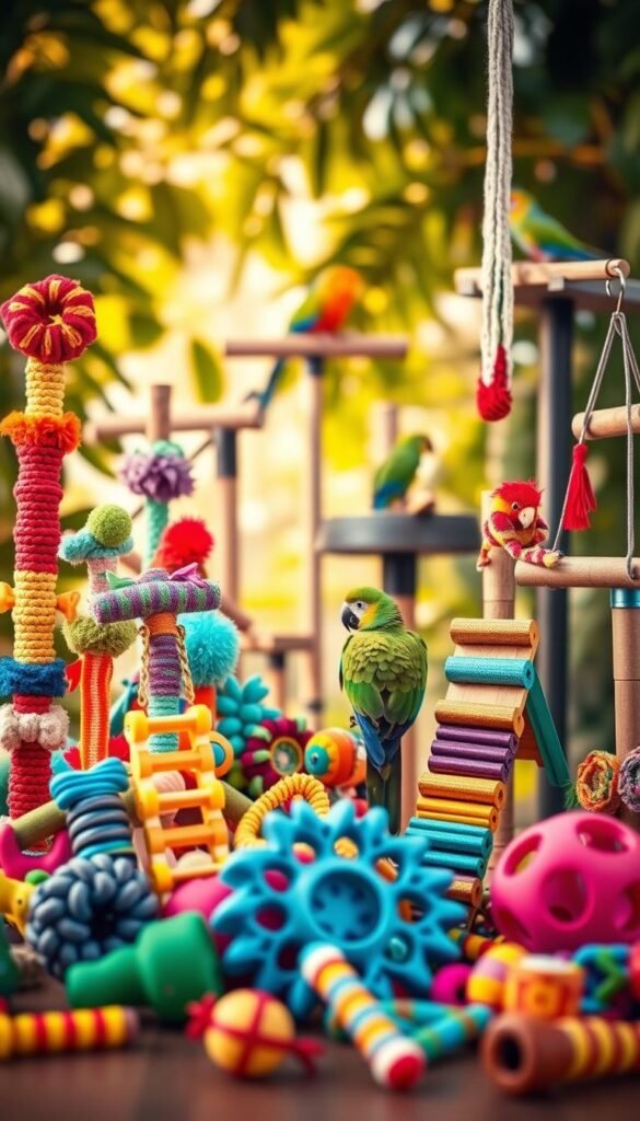 A vibrant collection of parrot-themed toys in a playful, engaging arrangement. In the foreground, an array of colorful, textured chew toys, ladders, and swings designed for various parrot breeds, textures, and sizes. In the middle ground, perches and platforms of varying shapes and materials, inviting the birds to explore and climb. The background features a natural, leafy setting, hinting at the lush environments parrots thrive in. Warm, diffused lighting casts a soothing ambiance, emphasizing the toys' vibrant hues and the overall sense of comfort and enrichment. Captured with a shallow depth of field, drawing the viewer's attention to the engaging details of these specialized toys.
