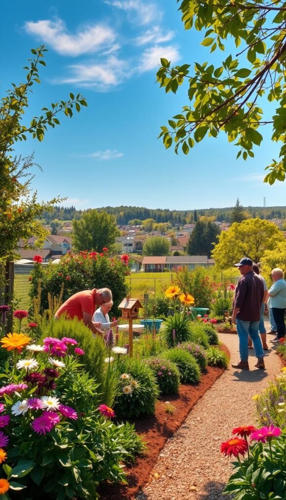 A vibrant community garden bursting with lush foliage and colorful blooms, providing a lively habitat for a diverse array of birds. In the foreground, a group of volunteers tending to the garden, planting native shrubs and flowers to attract local species. In the middle ground, a handcrafted birdhouse and feeder setup, surrounded by a gravel path winding through the greenery. The background showcases a picturesque neighborhood backdrop, with a clear blue sky overhead, illuminated by warm, diffused sunlight casting a natural glow across the scene. The overall atmosphere conveys a sense of community engagement, environmental stewardship, and a thriving, bird-friendly ecosystem.
