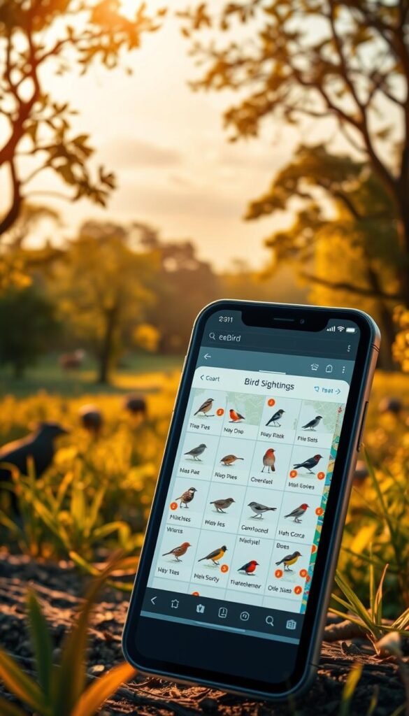 A vibrant, detailed image of the eBird mobile app interface showcasing real-time bird sightings data. The foreground displays the app's clean, intuitive dashboard with a map pinpointing user-reported bird observations. The middle ground features a grid of bird thumbnails, each with species names and location details. The background depicts a lush, natural setting with trees, skies, and wildlife, conveying the connection between technology and the great outdoors. Warm, golden lighting casts a serene, inviting atmosphere, inviting the viewer to explore the app and contribute to citizen science. The overall composition highlights eBird's role in empowering birdwatchers to document and share their discoveries, fostering a deeper understanding of the avian world.