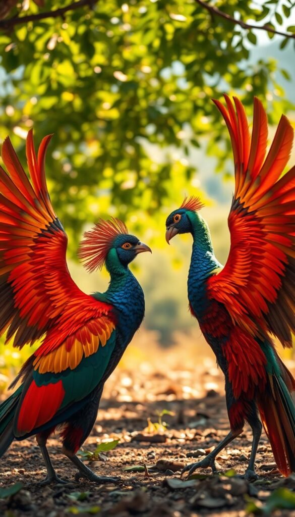 A vibrant display of avian courtship in an enchanting natural setting. In the foreground, a pair of majestic birds with resplendent plumage engage in a graceful dance, their feathers fanning out in a stunning display of color and pattern. The middle ground features a lush, verdant backdrop of foliage, with dappled sunlight filtering through the leaves. In the background, a sense of depth is created by the soft, blurred landscape, hinting at the broader habitat where this captivating behavior takes place. The overall scene is illuminated by warm, golden lighting, evoking a sense of intimacy and natural beauty. Captured with a wide-angle lens, the composition draws the viewer in, immersing them in the captivating world of avian courtship rituals.