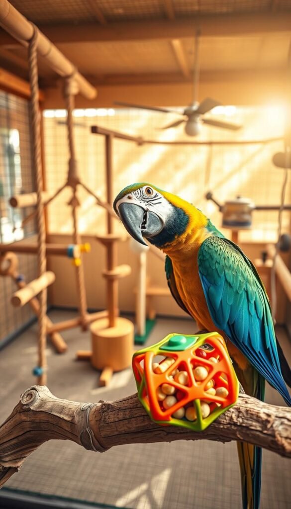 A vibrant, dynamic image of a curious parrot engaged in mental stimulation. In the foreground, the parrot perches on a sturdy wooden branch, its vibrant plumage of blues, greens, and yellows capturing the viewer's attention. The parrot's head is tilted, eyes focused intently, as it examines a colorful puzzle toy filled with treats, encouraging its natural problem-solving abilities. In the middle ground, the parrot's spacious, naturalistic enclosure is visible, featuring various perches, ropes, and enrichment items that promote physical and cognitive exercise. The background presents a warm, sun-dappled atmosphere, with soft, diffused lighting creating a serene and inviting environment for the parrot's playful exploration.