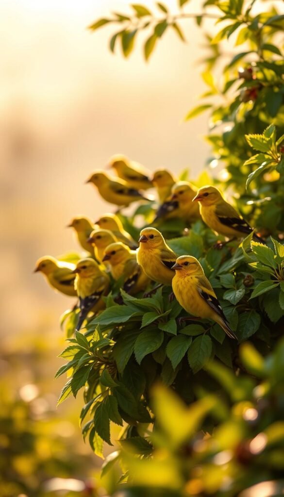 A vibrant flock of American goldfinches perched on lush foliage, basking in warm, golden sunlight. The birds' brilliant yellow plumage gleams, contrasting beautifully with the rich green leaves. A shallow depth of field emphasizes the foreground subjects, while the background softly blurs into a hazy, atmospheric landscape. The scene exudes a sense of tranquility and joy, capturing the essence of the "sunshine bird" in a natural, inviting setting perfect for attracting these delightful creatures to a backyard.