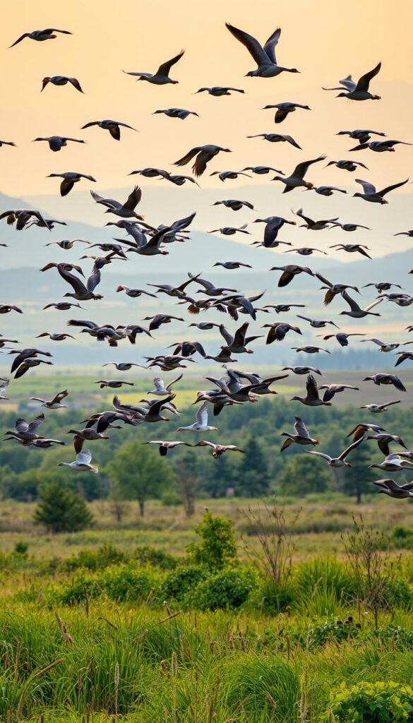 A vibrant flock of migratory birds in flight over a lush, verdant landscape in North America. The foreground features a diverse array of species such as Canada geese, sandpipers, warblers, and waterfowl, their wings outstretched against a warm, golden-hour sky. The middle ground showcases a natural wetland habitat with reeds, cattails, and scattered trees, while the background depicts rolling hills and distant mountains bathed in soft, diffused light. The scene conveys a sense of tranquility and the cyclical nature of avian migration, capturing the essence of this captivating journey across the North American continent.