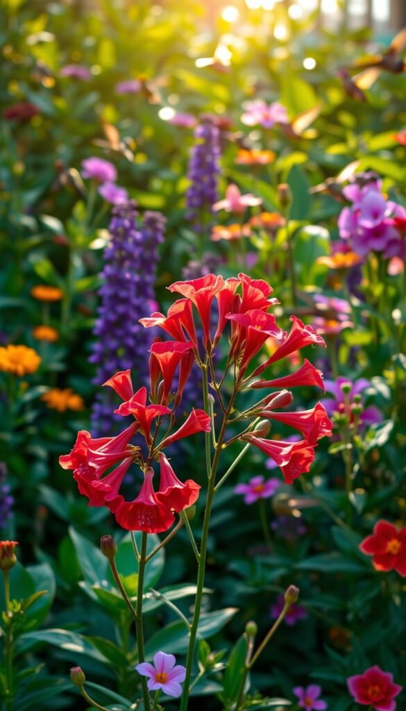 A vibrant garden filled with lush, nectar-rich plants that attract a fluttering flock of iridescent hummingbirds. In the foreground, a cluster of vibrant red trumpet-shaped flowers sway gently in a soft breeze, their petals beckoning the tiny avian visitors. In the middle ground, a mix of purple, pink, and orange blooms in varying shapes and sizes create a visually captivating scene. The background is a verdant backdrop of leafy foliage, providing a natural setting for the hummingbirds to dart and hover. Warm, golden sunlight filters through the scene, casting a gentle glow and highlighting the birds' shimmering feathers as they dart from blossom to blossom. The composition is balanced and harmonious, conveying the beauty and tranquility of a hummingbird-friendly garden.