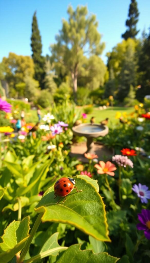 A vibrant garden scene filled with lush, native plants and a variety of birds. In the foreground, a close-up of a ladybug crawling on a leaf, symbolizing natural pest control. The middle ground showcases a bird bath surrounded by blooming flowers, attracting a diverse array of feathered visitors. The background depicts a serene, sun-dappled landscape with towering trees and a clear blue sky. Soft, natural lighting illuminates the scene, creating a warm, inviting atmosphere. Captured with a wide-angle lens to emphasize the depth and tranquility of the bird-friendly garden.