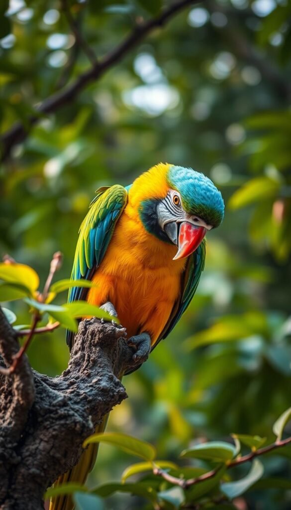A vibrant, high-resolution image of a parrot foraging behavior in a natural setting. The parrot is perched on a gnarled tree branch, its vibrant plumage contrasting with the lush greenery of the surrounding foliage. The parrot is actively inspecting the bark and leaves, using its sharp beak to probe for hidden insects or seeds. The lighting is soft and diffused, creating a warm, ambient mood. The camera angle is slightly elevated, providing a birds-eye view of the scene, emphasizing the parrot's focused, curious expression as it carries out its natural foraging behavior. The background features a blurred, atmospheric forest canopy, creating a sense of depth and tranquility.