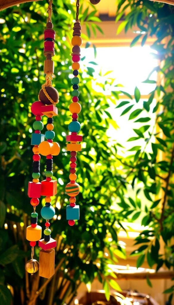 A vibrant, interactive bird toy suspended in a sunlit aviary. In the foreground, an array of colorful wooden shapes, bells, and beads dangle from a perch, inviting the curious parrot to explore and manipulate them. The middle ground features lush, verdant foliage, casting dappled shadows and providing a natural, stimulating environment. In the background, the warm, golden glow of a window illuminates the scene, creating a sense of warmth and tranquility. The lighting is soft and diffused, highlighting the textures and details of the toys and foliage. The composition is balanced, with the bird toy positioned to draw the viewer's attention, encouraging mental engagement and physical activity.