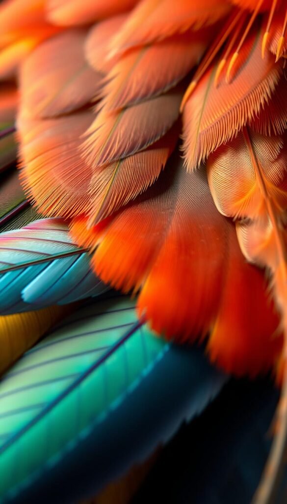 A vibrant, macro-level illustration of species-specific feather adaptations. A close-up view showcases the intricate, textured patterns and structures of various feather types - from downy under-plumage to the sleek, aerodynamic flight feathers. Warm, natural lighting illuminates the vivid colors and iridescent sheen, while a shallow depth of field blurs the background, drawing the viewer's focus to the feather details. Compositionally, the feathers are arranged to flow organically, emphasizing the evolutionary specialization of these remarkable structures that enable birds' diverse modes of communication.