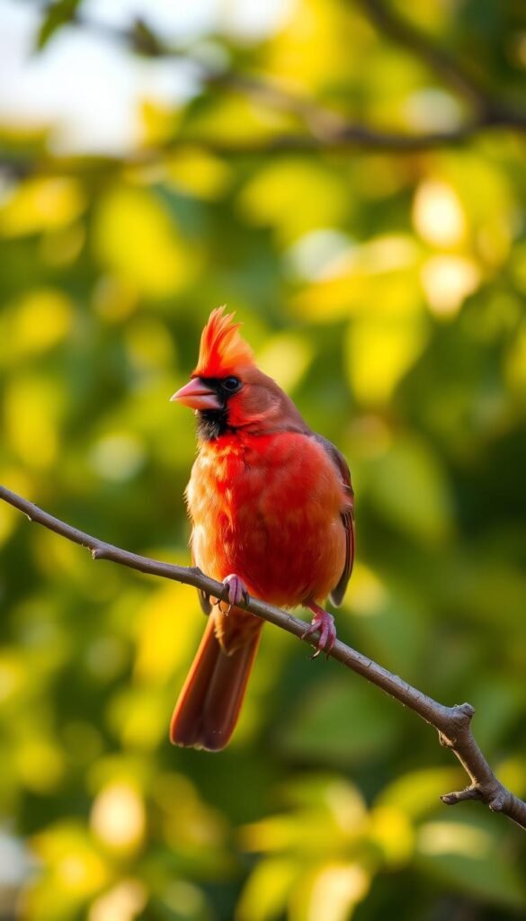 A vibrant male northern cardinal perched on a branch, its brilliant red plumage contrasting against a blurred green foliage background. The bird's crest is raised, and its sharp beak is open, suggesting a melodious song. The scene is bathed in warm, golden afternoon light, creating a serene and inviting atmosphere. Captured with a shallow depth of field, the cardinal is the clear focal point, drawing the viewer's attention to its stunning beauty and captivating presence in the backyard setting.