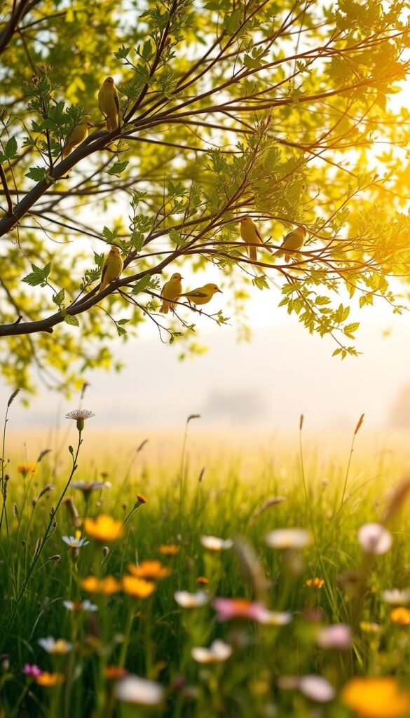 A vibrant meadow on a warm summer day, with a cluster of small, radiant yellow birds perched on the delicate branches of a lush green tree. The birds' feathers glisten in the soft, diffused sunlight, their wings outstretched as they chirp and flutter about. In the foreground, wildflowers sway gently in a light breeze, creating a serene and inviting atmosphere. The background features a hazy, blurred landscape, allowing the the birds to take center stage. Captured with a wide-angle lens, this enchanting scene showcases the beauty and charm of these delightful avian creatures in their natural habitat.