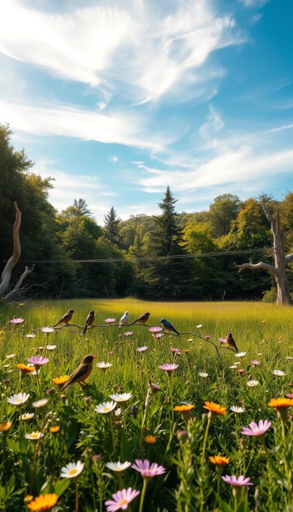 A vibrant, natural landscape comes to life with a choir of joyful birdsong. In the tranquil foreground, a lush meadow blooms with wildflowers, their petals dancing in the gentle breeze. Amid the verdant foliage, a variety of birds perch on gnarled branches, their beaks open in melodic chorus. The mid-ground reveals a sun-dappled forest, its canopy of towering trees providing a serene backdrop. High in the azure sky, wispy clouds drift, their shadows casting a warm, golden glow over the scene. The overall atmosphere is one of peaceful harmony, where the beauty of nature and the music of its avian inhabitants converge in a captivating display.