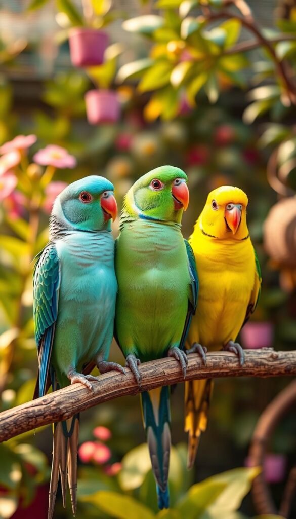 A vibrant, natural scene of cheerful pet parakeets perched in a lush, verdant setting. The birds sit atop a wooden branch in the foreground, their colorful plumage of blues, greens, and yellows shimmering under warm, diffused lighting. In the middle ground, a glimpse of a cozy, well-appointed birdcage hints at the parakeets' comfortable living environment. The background features a softly blurred, botanical backdrop of flourishing plants and flowers, creating a serene, tranquil atmosphere. The overall composition exudes a sense of harmony and joy, perfectly capturing the appeal of parakeets as delightful, beginner-friendly companion pets.