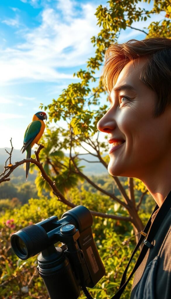 A vibrant nature scene unfolds, showcasing the joy of birdwatching. In the foreground, a keen-eyed observer with binoculars around their neck, their gaze fixed on a majestic bird perched on a nearby branch. The middle ground features a lush, verdant landscape, with a variety of flora and fauna, hinting at the diverse ecosystem. In the background, a clear blue sky with wispy clouds, creating a sense of tranquility and wonder. Warm, golden sunlight filters through the trees, casting a soft, inviting glow over the entire scene. The observer's face is alight with fascination, capturing the fulfillment and personal connection that birdwatching can provide.
