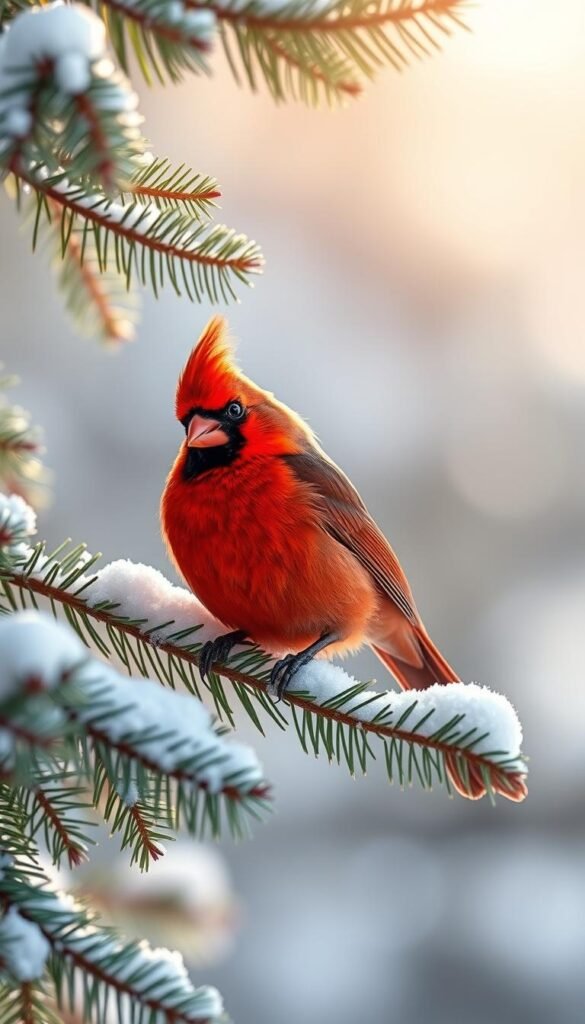 A vibrant northern cardinal perched on a snow-dusted evergreen branch, its scarlet plumage radiant against the muted greens and grays of the winter landscape. Sunlight filters through the pine needles, casting a warm, soft glow on the bird's feathers. The cardinal's alert gaze and cocked head suggest a moment of peaceful observation, its beauty and presence captivating the viewer. The scene is framed by a hazy, atmospheric background, creating a sense of tranquility and natural wonder.
