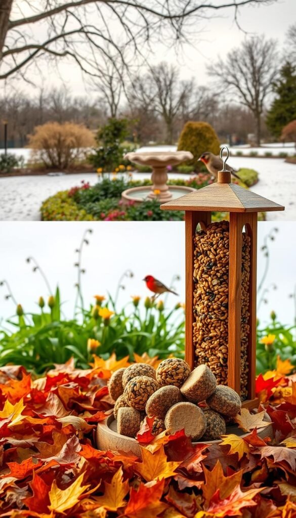 A vibrant outdoor scene of a bird feeding station during different seasons. In the foreground, a wooden bird feeder filled with an assortment of birdseed and suet cakes, surrounded by an array of freshly fallen leaves in autumnal hues. In the middle ground, a lush, verdant garden with flowering plants and a birdbath, inviting a variety of feathered visitors. The background depicts a serene, snow-covered landscape under a soft, overcast sky in winter, with the bare branches of trees reaching up gracefully. Subtle lighting casts a warm, natural glow, highlighting the textures and colors of the scene. The composition captures the cyclical nature of the seasons and the importance of providing a welcoming habitat for our avian friends throughout the year.