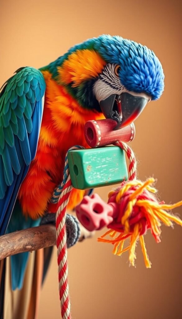 A vibrant parrot perched on a branch, chewing enthusiastically on a variety of colorful, textured toys. The parrot's feathers are vivid and lifelike, its beak firmly gripping a wooden block and a woven rope toy. The background is softly blurred, allowing the parrot to take center stage. Soft, warm lighting casts a gentle glow, highlighting the parrot's playful, destructive behavior. The scene is captured from a slight side angle, providing a detailed, up-close view of the parrot's actions. The overall composition creates a visually engaging and informative illustration for the article's section on parrots quickly destroying their toys.