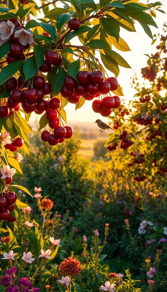 A vibrant, photorealistic scene of native cherry and plum trees in a lush, verdant garden, bathed in warm, golden afternoon sunlight. In the foreground, clusters of ripe, glossy cherries and plums hang heavily from the branches, beckoning birds to feast. The middle ground showcases the trees' delicate pink blossoms and rich green foliage, complemented by a diverse array of native flora and fauna. In the background, a soft, hazy horizon suggests a peaceful, natural setting. The composition is balanced and visually striking, capturing the beauty and abundance of these vital native plants that nourish local songbirds year-round.