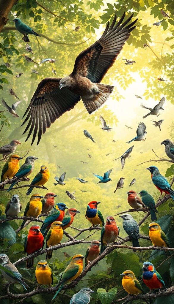A vibrant scene of a diverse array of birds in their natural habitats, showcasing their role as indicators of ecological wellness. A lush, verdant forest backdrop with dappled sunlight filtering through the canopy, casting a warm, earthy glow. In the foreground, a flock of colorful songbirds perch on branches, their plumage and behaviors reflecting the health of their environment. In the middle ground, a raptor soars overhead, its keen eyes scanning the landscape for signs of prey, a testament to the abundance of life. The background is dotted with a variety of other avian species, each representing a unique niche and their interconnected roles in sustaining a thriving ecosystem. The image conveys a sense of balance, harmony, and the delicate relationship between birds and their habitats.