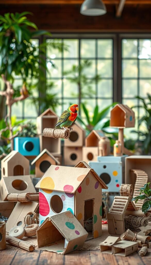 A vibrant scene of creative cardboard box repurposing. In the foreground, a bird perches atop a colorful cardboard house, pecking at a cardboard feeder. In the middle ground, an array of cardboard nesting boxes, chew toys, and ramps encourage natural foraging behaviors. The background depicts a lush indoor garden setting, with diffuse natural lighting filtering through large windows. The composition evokes a sense of whimsy and environmental enrichment, showcasing the versatility of simple cardboard materials in enhancing the wellbeing of captive and wild birds.
