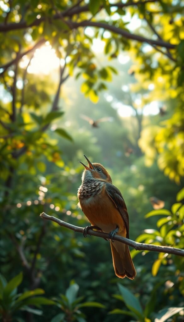 A vibrant scene showcasing the behavioral aspects of bird songs. In the foreground, a mesmerizing bird perches on a branch, its throat puffed out as it emits a melodious chorus. The mid-ground features a lush, verdant forest backdrop, with sunlight filtering through the canopy, casting a warm glow over the scene. In the distance, other birds can be seen flitting among the foliage, their calls and trills creating a harmonious symphony. The image is captured with a sharp, cinematic lens, emphasizing the intricate details of the bird's plumage and the depth of the natural setting. The overall mood is one of peaceful observation, inviting the viewer to immerse themselves in the captivating world of avian vocalizations.