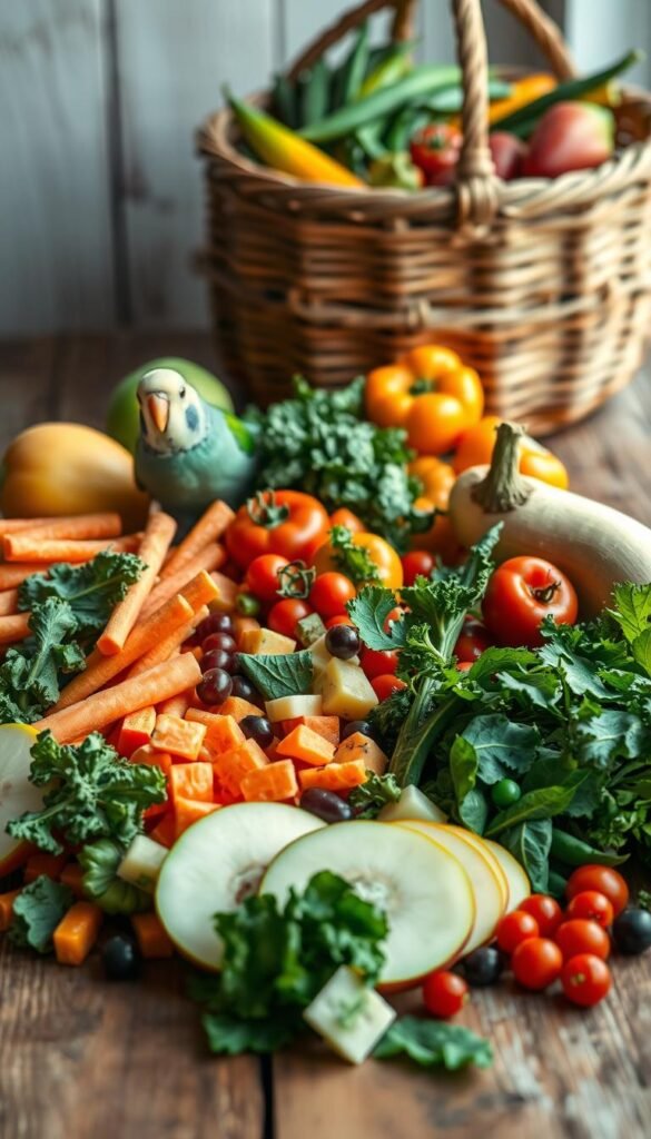 A vibrant still life arrangement of fresh fruits and vegetables on a rustic wooden table, bathed in soft, natural lighting. In the foreground, a variety of budgie-friendly produce including sliced apples, carrot sticks, kale leaves, and bite-sized pieces of melon and berries. The middle ground features a mix of colorful bell peppers, cherry tomatoes, and a handful of leafy greens. In the background, a woven basket overflows with an assortment of additional healthy snacks for budgies, such as green beans, peas, and sliced squash. The overall scene exudes a sense of nourishment and vitality, perfectly capturing the diverse range of nutritious options available for these beloved feathered companions.