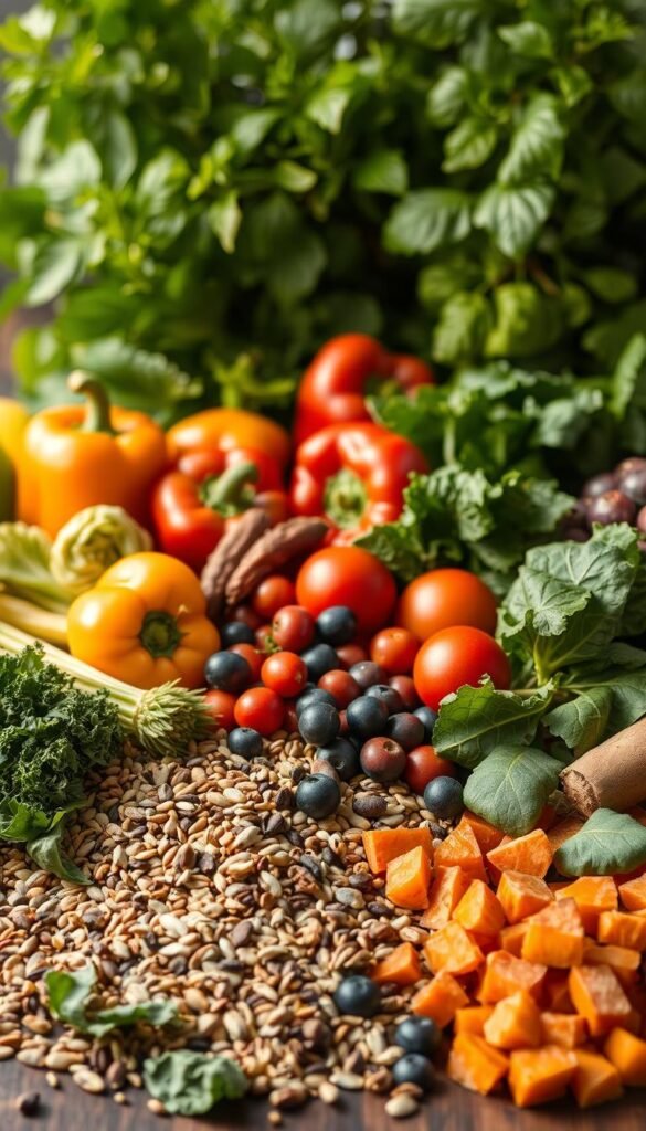 A vibrant still life scene depicting a variety of freshly harvested vegetables arranged in an appealing composition for birds. In the foreground, a selection of crunchy greens such as kale, spinach, and lettuce leaves, alongside colorful bell peppers, ripe tomatoes, and juicy berries. The middle ground features a scattering of seeds, grains, and chopped root vegetables like carrots and sweet potatoes. A backdrop of lush, verdant foliage creates a natural, inviting atmosphere. The lighting is soft and diffused, highlighting the textures and vibrant hues of the produce. Captured with a shallow depth of field, emphasizing the subject and creating a sense of depth.