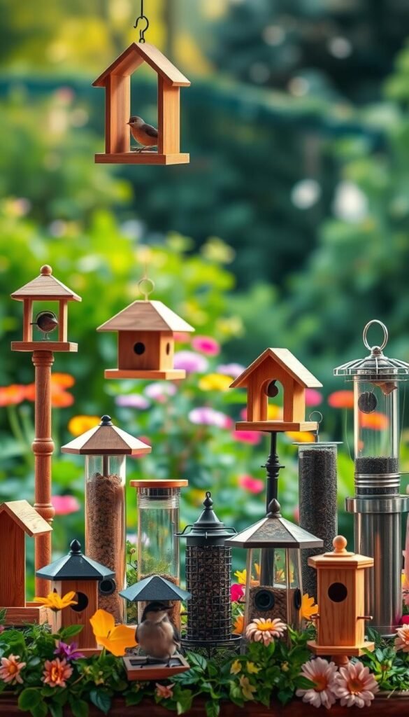 A vibrant still life scene showcasing an assortment of bird feeders against a softly blurred natural backdrop. In the foreground, a diverse array of feeders ranging from classic wooden designs to modern hanging models and sleek metal tube feeders. The mid-ground features a lush, verdant garden with flowers and foliage providing a colorful complement. Warm, diffused lighting casts a gentle glow, creating depth and subtle shadows that accentuate the intricate textures of the feeders. The overall composition conveys a sense of harmony and invitation, inviting the viewer to imagine the array of feathered visitors that these feeders might attract.