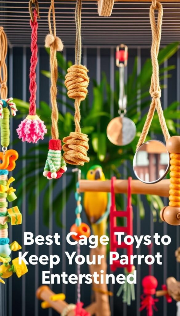 A vibrant, well-lit image of a parrot's cage, filled with an assortment of engaging toys. In the foreground, a variety of colorful, textured chew toys, ladders, and swings dangle invitingly. The middle ground showcases a wooden perch and a mirrored toy, reflecting the bird's inquisitive gaze. In the background, a lush, verdant plant adds a sense of natural harmony, while the cage's bars provide a strong, geometric frame. The lighting is warm and natural, casting a soft, diffused glow that highlights the diverse textures and materials of the toys. The overall composition conveys a sense of playfulness and enrichment, perfectly suited to capture the essence of the "Best Cage Toys to Keep Your Parrot Entertained".