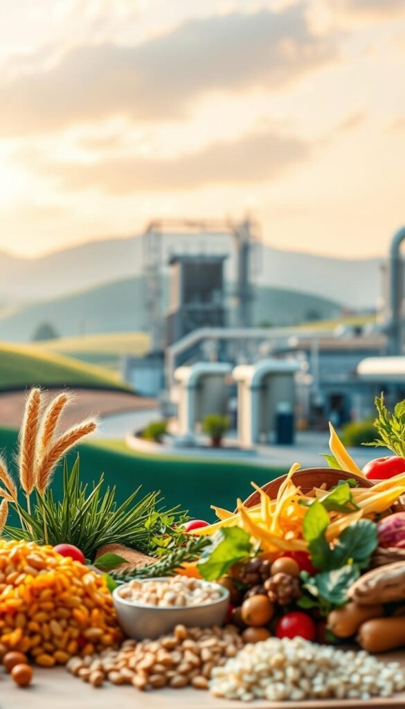 A vibrant, well-lit image showcasing the sustainable practices of the pet food industry. In the foreground, an array of sustainably sourced ingredients - grains, vegetables, and proteins - are artfully arranged. The middle ground features a modern, energy-efficient pet food production facility, with clean lines and sleek machinery. In the background, rolling hills and verdant landscapes symbolize the industry's commitment to environmental stewardship. Warm, natural lighting casts a soft glow, evoking a sense of harmony and balance. The overall composition conveys the pet food industry's dedication to providing nutritious, eco-friendly sustenance for our beloved companions.