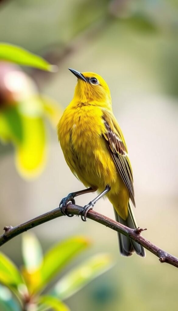A vibrant yellow-breasted songbird perched gracefully on a lush green branch, its striking plumage illuminated by soft, natural lighting. The bird's head is tilted slightly, its alert gaze suggesting its renowned versatility as a vocalist, able to produce a diverse range of melodious trills and whistles. The background is a serene, blurred woodland scene, allowing the subject to stand out in captivating detail. Captured with a shallow depth of field and a telephoto lens, this image showcases the beauty and charm of the Yellow-Breasted Chat, the perfect illustration for the "Small Yellow Birds" article's section on this remarkable avian species.