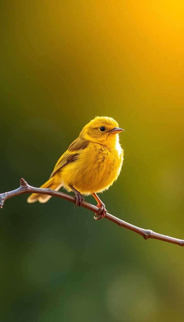A vibrant yellow warbler perched on a delicate branch, its feathers shimmering in the warm sunlight. The bird's small, rounded body and bright, inquisitive eyes captivate the viewer, creating a sense of tranquility and wonder. The background is softly blurred, focusing attention on the warbler's captivating presence. The scene is captured with a shallow depth of field, using a prime lens to accentuate the bird's striking details. The overall mood is one of serene joy, a tiny splash of sunshine in the natural world.