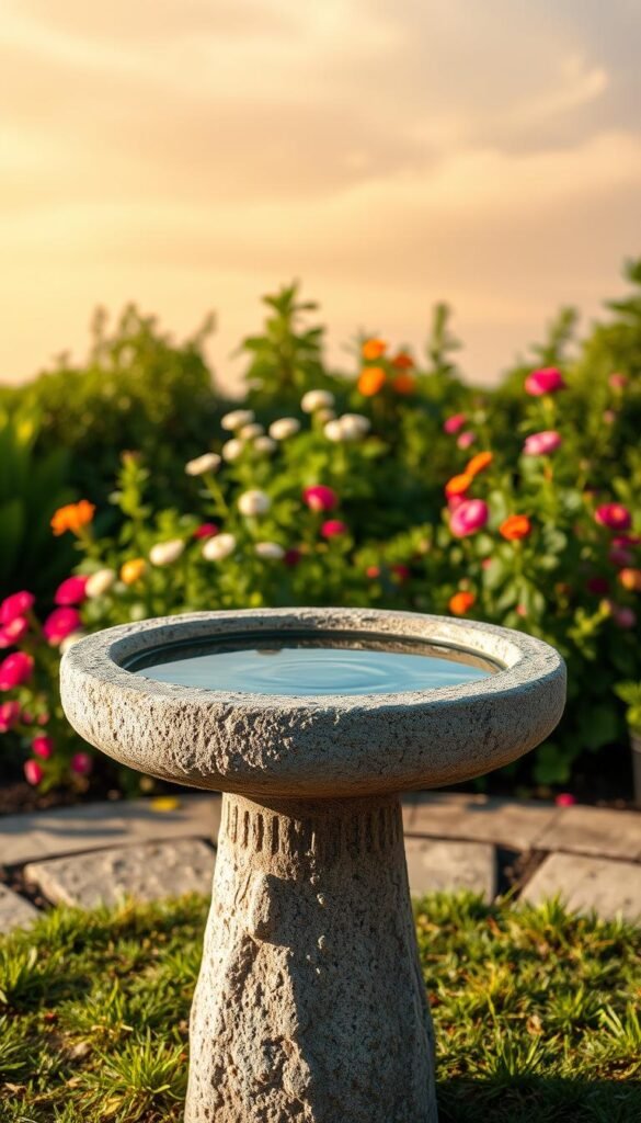 A weathered, textured concrete birdbath stands prominently in the foreground, its rough surface contrasting with the smooth, glistening water inside. In the middle ground, a lush, verdant garden surrounds the birdbath, with vibrant flowers and flourishing greenery. The background features a warm, golden-hued sky with soft, wispy clouds, casting a serene and soothing ambiance. The lighting is natural and diffused, creating gentle shadows and highlights that accentuate the tactile qualities of the concrete. The overall composition conveys a sense of tranquility and timelessness, perfectly capturing the essence of a well-crafted, durable birdbath that can withstand the rigors of winter.
