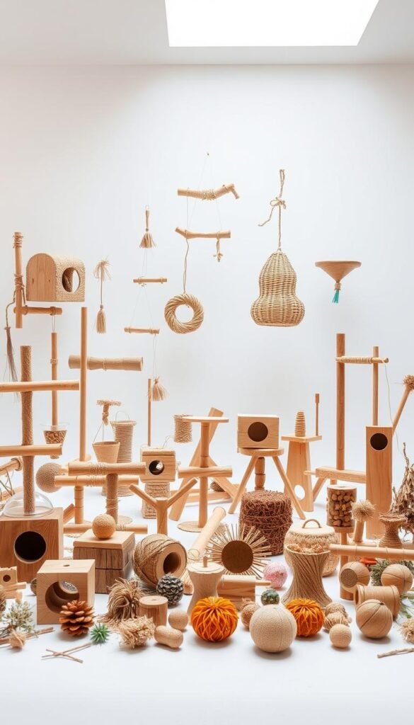 A well-crafted assortment of natural, bird-friendly DIY foraging toys is displayed in a bright, airy studio setting. In the foreground, an array of handmade feeders, perches, and puzzle toys made from sustainable materials like wood, rope, and dried plant matter are arranged neatly. The middle ground showcases a variety of enrichment items like hanging chew toys, shredding stations, and foraging platforms. In the background, a soft, diffused lighting illuminates the scene, creating a warm, inviting atmosphere that would appeal to both wild and captive birds. The overall composition emphasizes the creativity and functionality of these homemade stimulation tools designed to engage and challenge feathered friends.