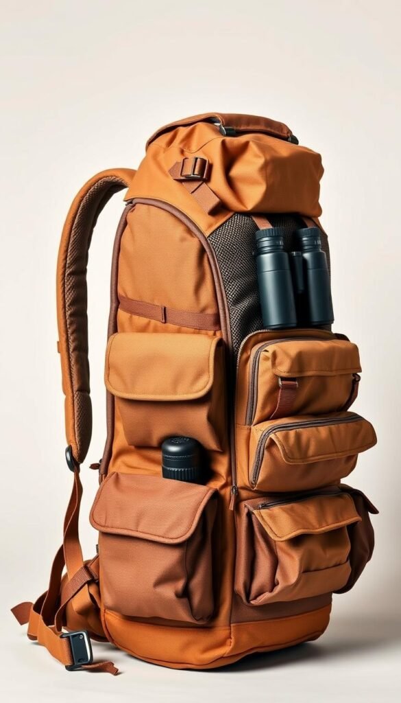 A well-designed, ergonomic backpack and vest set, crafted with durable, high-quality materials for the avid birdwatcher. The backpack features adjustable padded straps, multiple storage compartments, and a breathable mesh back panel for comfort during long hikes. The vest boasts numerous pockets and pouches to securely store binoculars, field guides, and other essential gear. Warm, earthy tones and a rugged, adventure-ready aesthetic create a sense of practicality and reliability. Soft, diffused lighting illuminates the setup from the side, casting subtle shadows and highlighting the textures of the fabrics. Captured in a clean, minimalist studio setting, the backpack and vest are the focal point, showcasing their functional design and versatility.