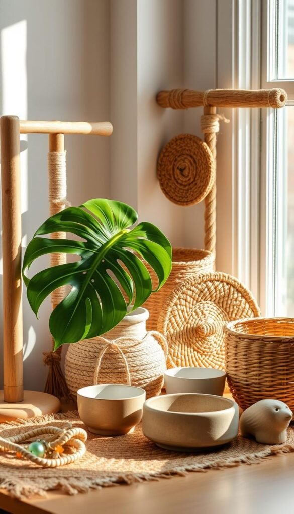 A well-lit, beautifully arranged still life of bird-safe materials, including natural wood perches, sisal rope, woven natural fiber baskets, ceramic food and water dishes, and a vibrant monstera deliciosa leaf. The scene has a warm, inviting atmosphere with gentle sunlight filtering through a window, casting soft shadows and highlighting the textures of the materials. The composition is thoughtfully balanced, with the objects positioned to create a harmonious and visually appealing display. This image captures the essence of creating a safe and enriching environment for pet birds.