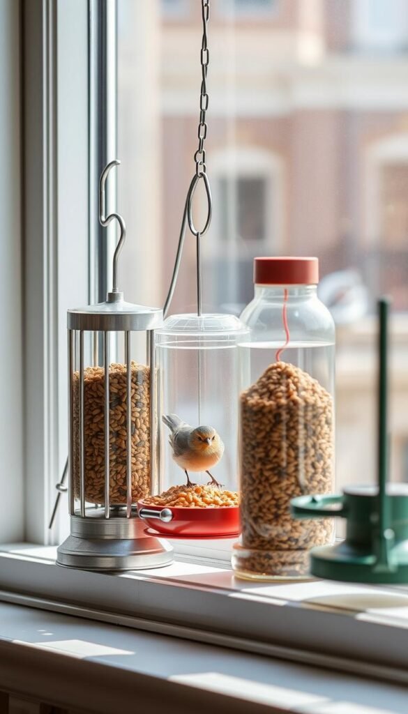 A well-lit, close-up comparison of three different window bird feeders, positioned side-by-side on a bright windowsill. The feeders are made of high-quality materials like glass, metal, and sturdy plastic, each with a unique design that highlights its functionality and aesthetic appeal. The feeders are filled with a variety of bird seed, attracting a diverse array of avian visitors. The overall scene conveys a sense of harmony and tranquility, capturing the essence of the urban birdwatching experience.
