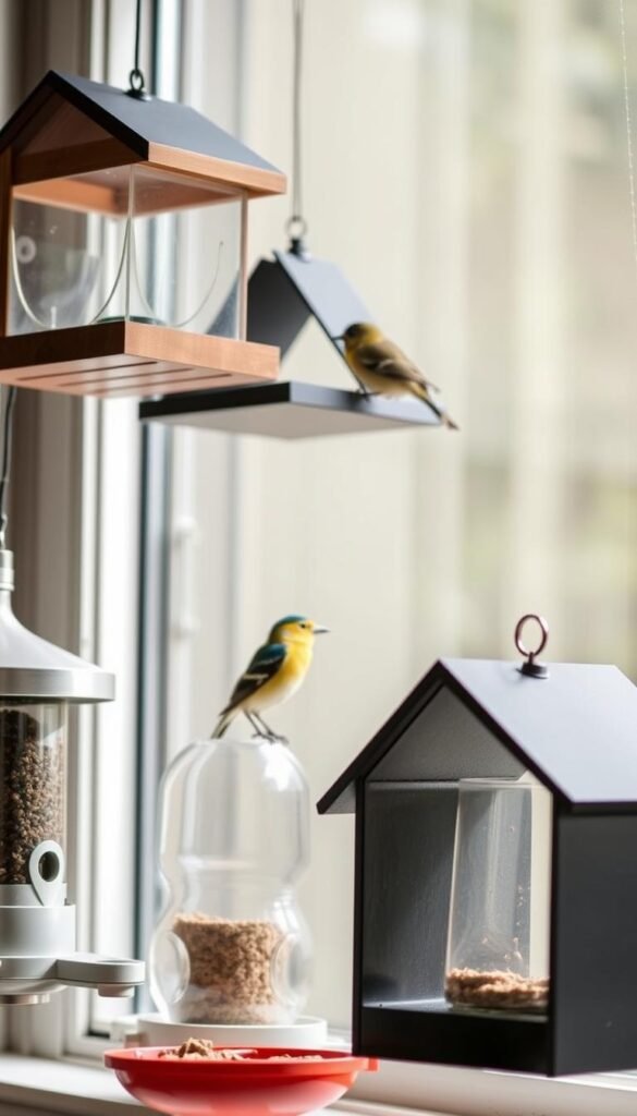 A well-lit, close-up photograph showcasing an assortment of modern, sleek window bird feeders. The feeders are displayed against a soft, out-of-focus backdrop, allowing the shapes, colors, and materials to take center stage. The arrangement is visually appealing, with the feeders positioned at various angles to create depth and interest. The lighting is natural and diffused, highlighting the textures and details of the feeders. The overall mood is one of simplicity, practicality, and a touch of elegance, reflecting the needs of the urban birdwatcher.