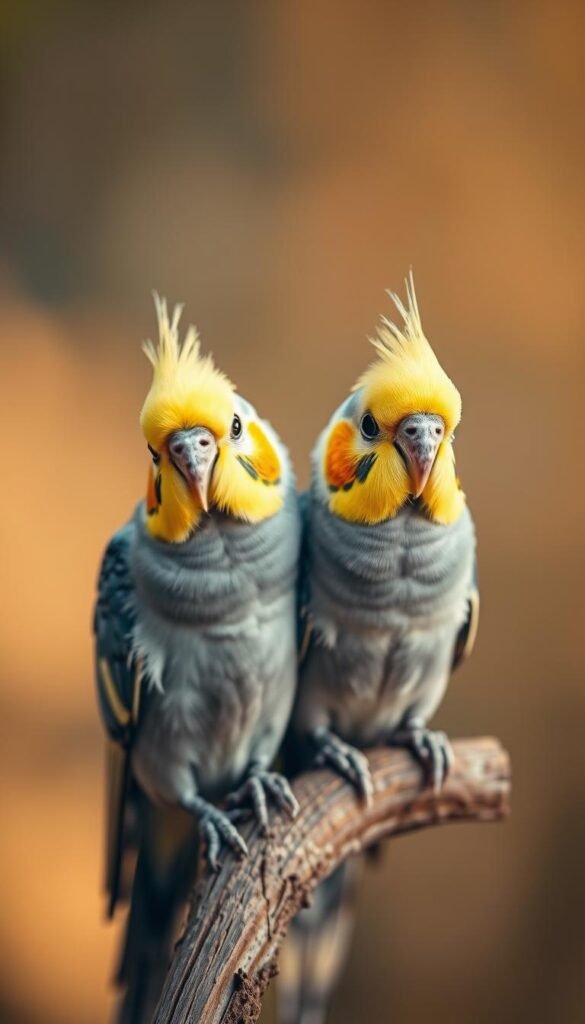 A well-lit, close-up portrait of a pair of cockatiels perched on a weathered wooden branch. The birds' bright yellow crests and grey feathers are captured in vivid detail, their beady eyes and curved beaks expressing a calm, inquisitive demeanor. The background is a soft, blurred natural setting, highlighting the cockatiels as the central focus. Warm, diffused lighting gently illuminates the scene, creating a serene, tranquil atmosphere that evokes the gentle, approachable nature of these popular parakeet companions.