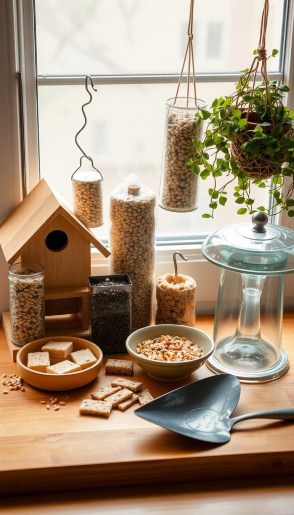 A well-lit, close-up still life arrangement of various materials and tools for a DIY window bird feeder station, including a wooden birdhouse, hanging feeders with different seed types, suet cakes, a birdbath, metal hooks, a hanging plant for natural decor, and a small shovel or trowel for maintenance. The items are arranged neatly on a natural wooden surface, with soft, diffused lighting from a window, creating a warm, inviting atmosphere to showcase the essential components for setting up a backyard bird feeding station.