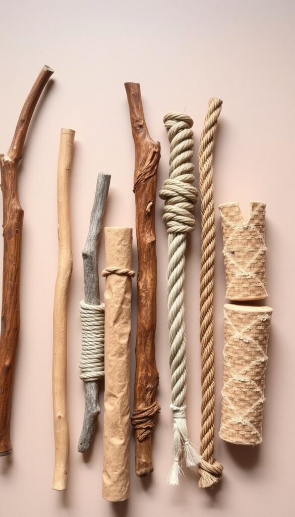 A well-lit, close-up view of various natural perch materials for birds, including sturdy hardwood branches, gnarled tree trunks, thick ropes, and textured cork pieces. The materials are arranged neatly on a neutral background, showcasing their distinct textures, colors, and shapes to highlight their suitability for avian foot health. The lighting is soft and directional, creating subtle shadows that accentuate the three-dimensional qualities of the perches. The overall composition is clean, organized, and visually appealing, emphasizing the function and benefits of each perch type.