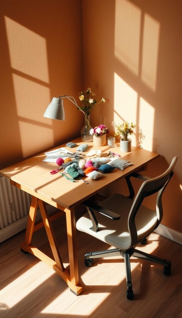 A well-lit, cozy workspace with a wooden desk, a comfortable office chair, and a natural light-filled setting. On the desk, an array of felt, scissors, needles, and thread are neatly arranged, ready for a crafting session. A potted plant and a small vase of flowers add a touch of life to the scene. The walls are painted in a warm, earthy tone, creating a calming and inviting atmosphere. Soft shadows cast by the natural light add depth and dimension to the composition. The overall mood is one of productivity, creativity, and tranquility, perfect for a DIY nesting project.