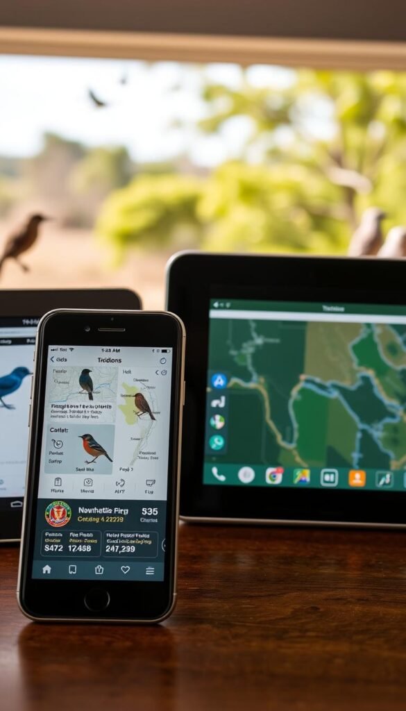 A well-lit, detailed scene of several popular birding apps displayed on various mobile devices. In the foreground, a smartphone showcases the intuitive user interface and bird identification features of a leading app, with high-quality photos and information. In the middle ground, a tablet displays another app's bird call playback and tracking capabilities. The background features an outdoor landscape with trees and birds, hinting at the apps' integration with real-world birdwatching. The overall scene conveys the versatility and utility of these mobile tools for both novice and experienced birdwatchers.
