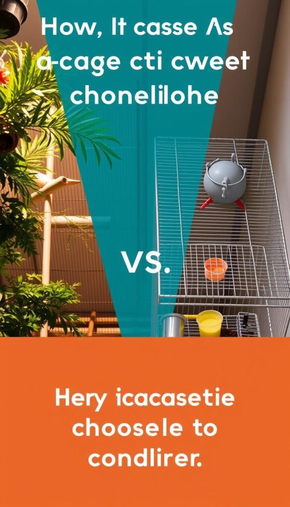 A well-lit, high-angle view of an aviary and a cage side-by-side, showcasing key factors to consider when choosing between the two. The aviary features lush greenery, perches, and ample flight space, while the cage displays sturdy construction, food and water stations, and space-saving design. The scene conveys a sense of tranquility and thoughtful consideration, guiding the viewer to envision the practical and environmental implications of each enclosure type. Soft, warm lighting illuminates the scene, emphasizing the natural elements and the comparative attributes of the aviary and cage.
