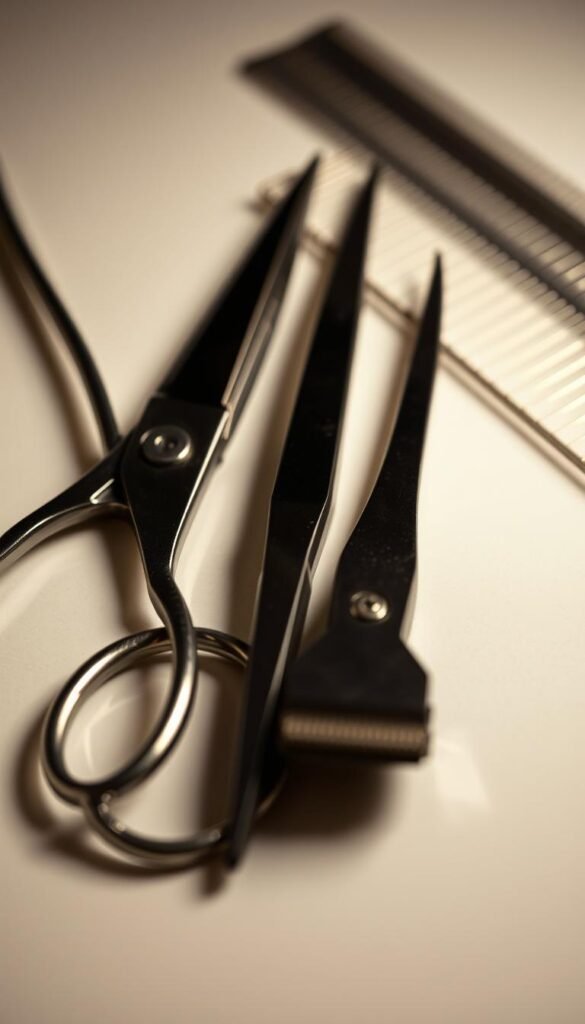 A well-lit, high-resolution close-up photograph of a set of professional wing clipping tools, including sharp scissors, nail clippers, and a grooming comb, arranged neatly on a clean, light-colored surface. The tools should be in focus, with a shallow depth of field to emphasize their details and textures. The lighting should be soft and even, creating subtle shadows to accentuate the shapes and contours of the instruments. The overall mood should be one of precision, care, and attention to detail, reflecting the importance of proper wing trimming for the health and safety of pet birds.