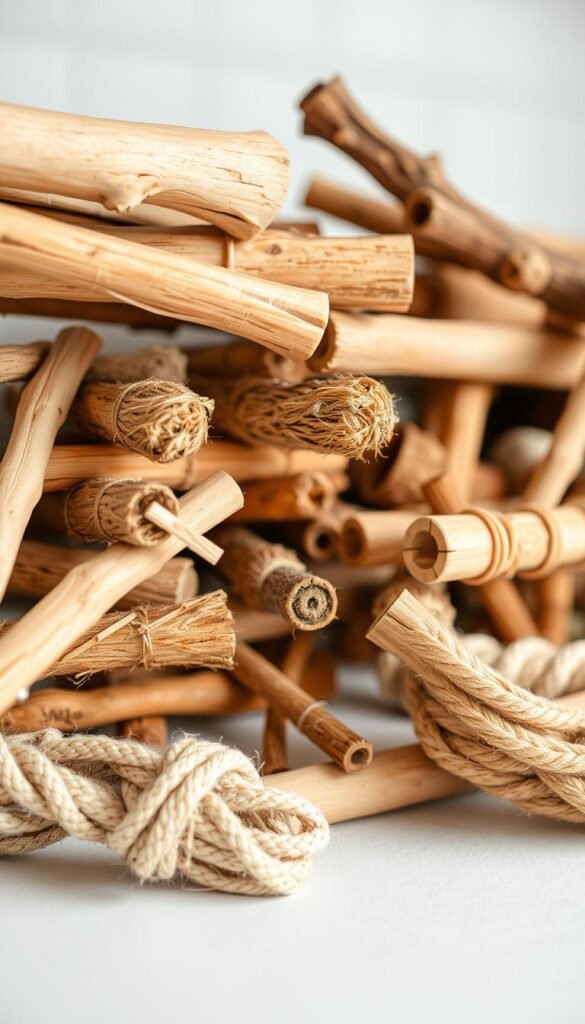 A well-lit, high-resolution close-up photograph of various bird perch materials, including natural branches, wooden dowels, and rope. The materials are arranged in an organized, visually appealing manner, showcasing their textures, shapes, and suitability for perching. The lighting is soft and diffused, creating a pleasant, inviting atmosphere that highlights the natural beauty of the perch materials. The camera angle is slightly elevated, providing a clear, unobstructed view of the perch options. The image conveys a sense of care and attention to detail in the selection of these essential bird care components.