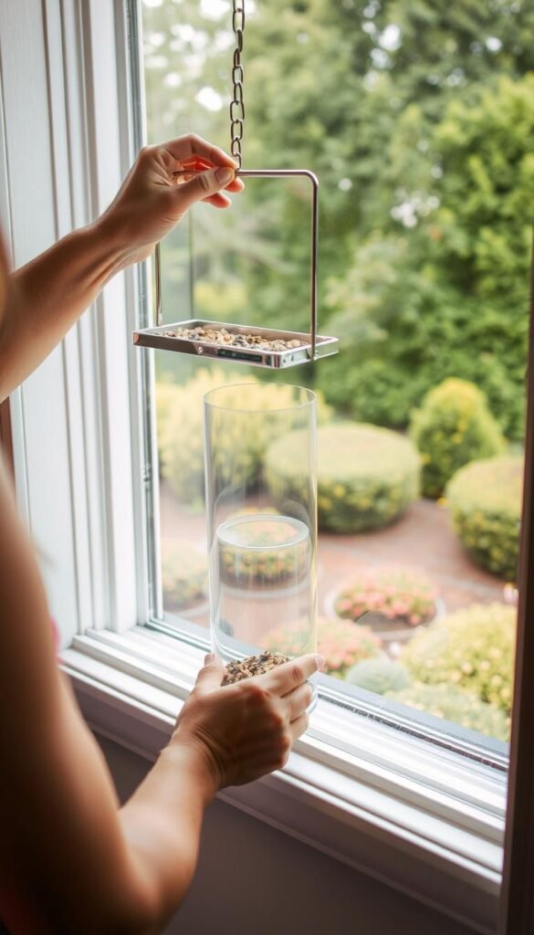 A well-lit indoor scene showcasing the installation of a window bird feeder. In the foreground, a person's hands carefully affixing the feeder to the windowsill, the metal frame gleaming. The middle ground reveals the feeder, filled with bird seed, and a clear acrylic panel that allows an unobstructed view of the birds. In the background, a lush landscape of trees and shrubs is visible through the window, hinting at the future avian visitors. Soft, natural lighting filters in, creating a warm, inviting atmosphere. The composition highlights the ease of installation and the joy of observing the birds up close.