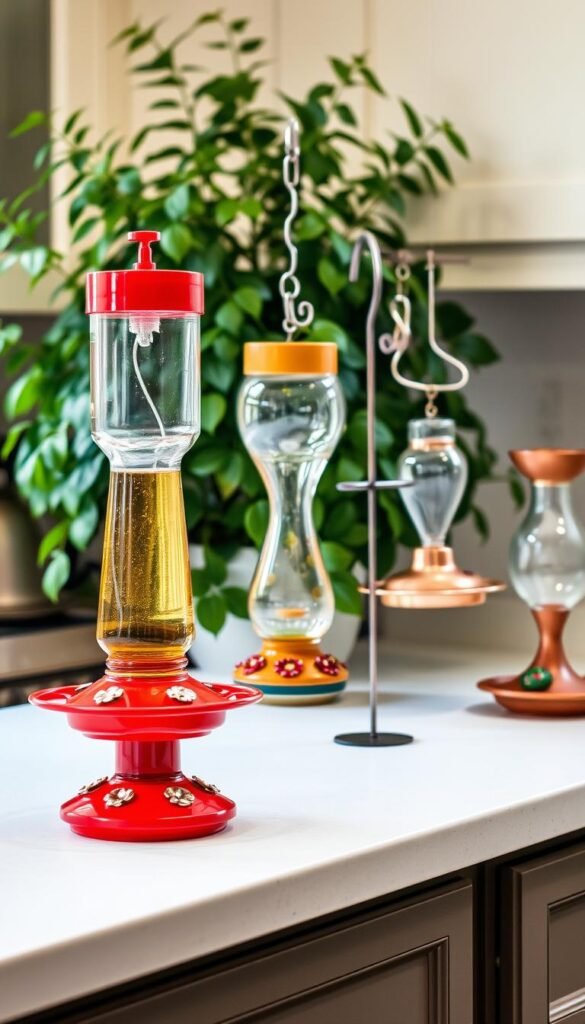 A well-lit kitchen counter displays an array of hummingbird feeders in various shapes and sizes. In the foreground, a classic red feeder with perches and a clear reservoir stands prominently. Beside it, a sleek modern feeder with an hourglass silhouette and vibrant floral accents catches the eye. In the middle ground, a selection of hanging feeders in different materials - copper, glass, and ceramic - offer a range of styles. The background features a lush, verdant potted plant, creating a natural, inviting atmosphere. The lighting is soft and diffused, highlighting the delicate details and colors of the feeders, inviting the viewer to closely examine the options for the perfect hummingbird feeding station.
